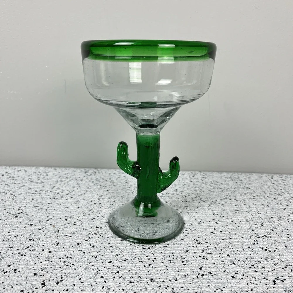 Handblown Mexican Margarita Glass Clear Green‎ Cactus Barware
